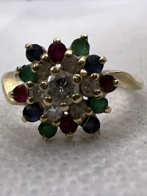 VINTAGE HANDMADE Solid 14K Yellow Gold Diamonds & Multicolor Gemstones Ring 2.7g