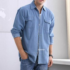 Mens Cotton Denim Shirt Casual Leisure Long Sleeve Loose Work Blouse Tops Blue