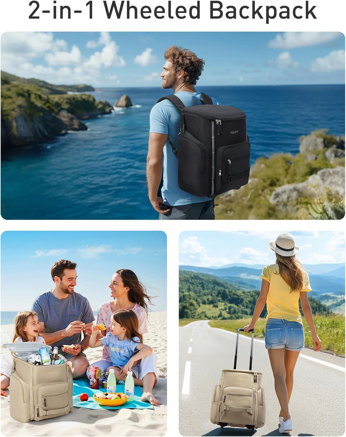 Leakproof Rolling Cooler Backpack with Wheels - 36 Can Insulated Beach Cooler