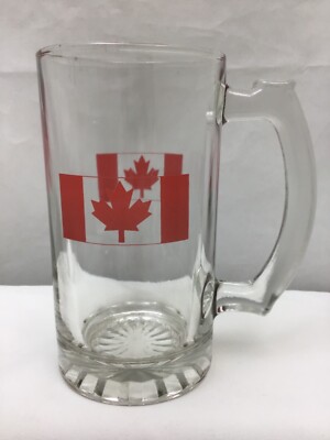 Canada Clear Glass Stein Red Maple Leaf Flag Beer Beverage Heavy Thick 6'' Tall