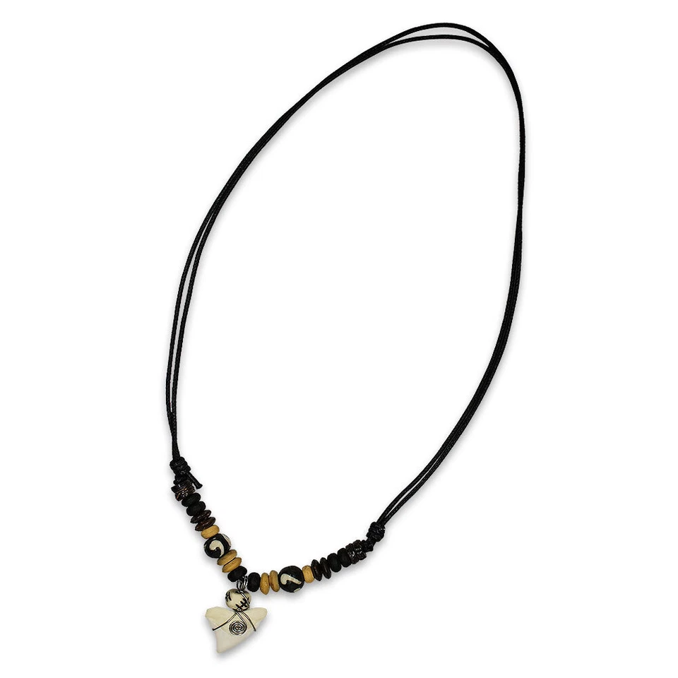 1 verstellbare Haifischzahn Kette mit Perlen Zahn Leder Surfer Shark Ethno - Bild 2 von 4