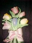VTG. Cast Iron Door Stop Colorful Tulips Ribbon Easter Spring USED VERY LITTLE