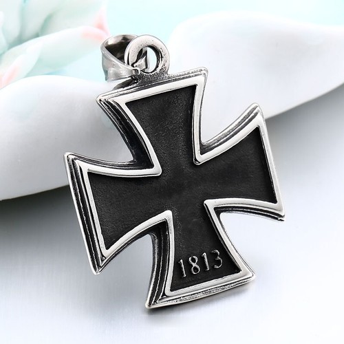 Mens Stainless Steel 1813 1939 WW2 German Iron Cross Pendant Necklace Men - Picture 4 of 5
