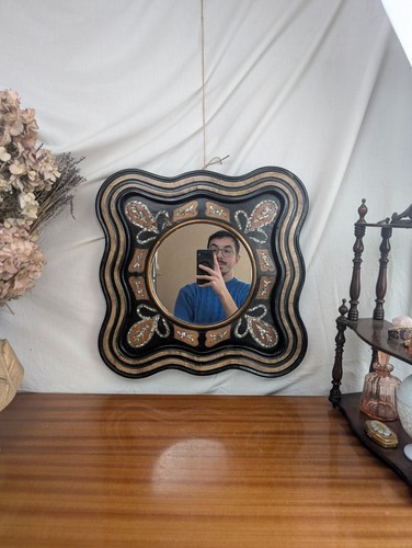 Miroir Œil de Bœuf 45x25 en Bois et Incrustation de Nacre, Époque Napoléon III