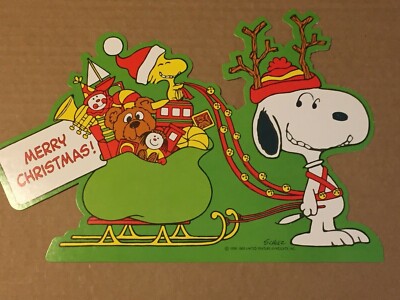 VINTAGE MERRY CHRISTMAS SNOOPY & WOODSTOCK DIE CUT SCHULZ 1965 NOS