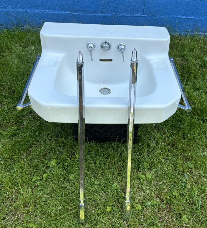 Vtg Mid Century 40s 24x20 White Porcelain Bath Wall Sink Kohler Brass Legs - Image 3 of 4
