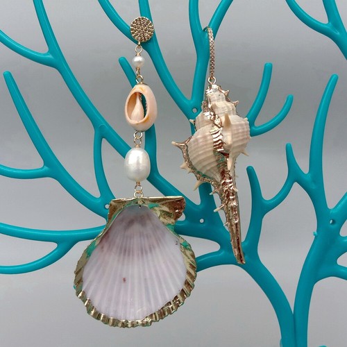Natural Sea Shell White Rice Pearl Asymmetric Dangle Stud Earrings - Picture 6 of 8