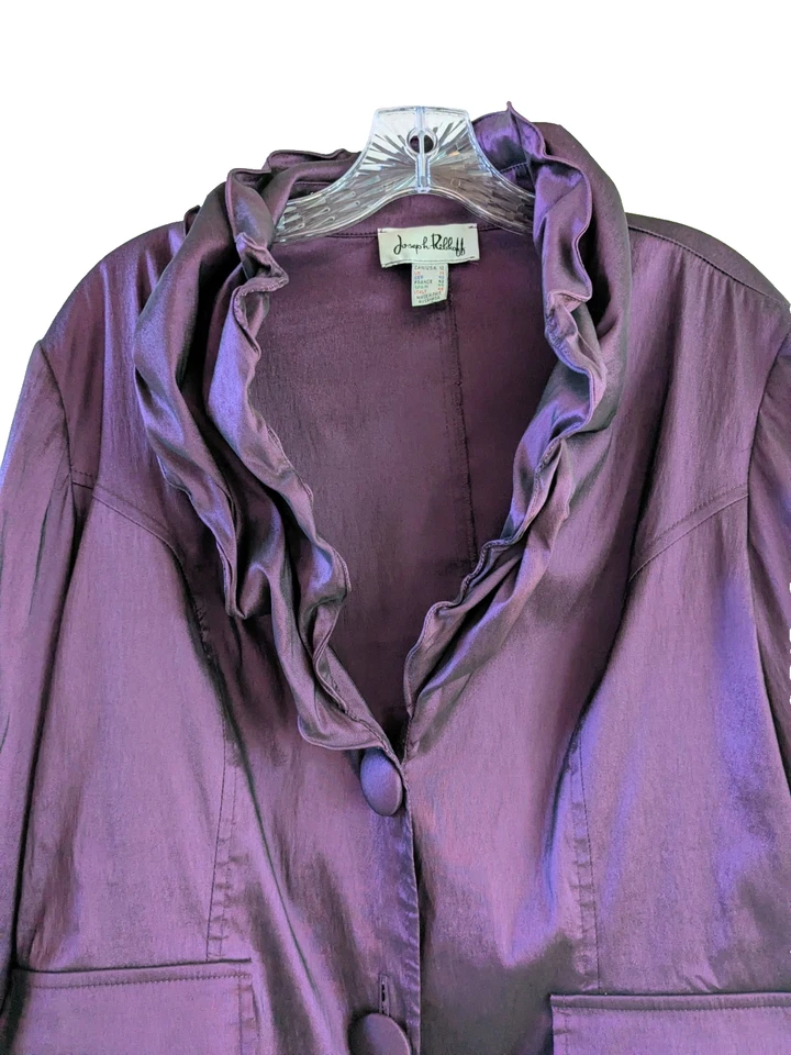 Joseph Ribkoff SZ 12 Women's Crisp Purple Satin Artsy Coat Moldable Ruffle Neck - Image 4 of 4