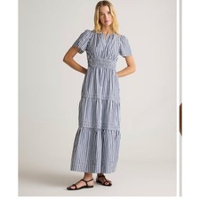 Quince Organic Cotton Tiered Maxi Dress Navy White Stripe Smocked Waist M B4