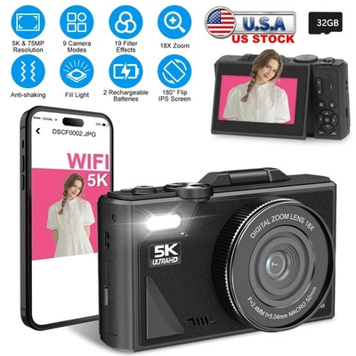 INOVA Digital Camera UHD 5K 75MP 18X Optical Zoom Vlogging Camera WiFi for Photography