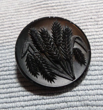 Antique Black Glass Carved Picture Button FLOWERS