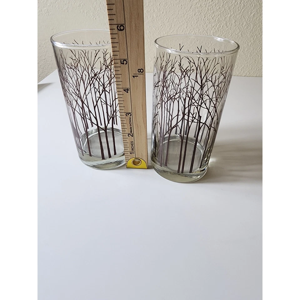 VINTAGE Retro MCM Marrón Árbol de Invierno 5.5" Jugo / Vaso de Degustación - Juego de 2 Foto 3 de 4