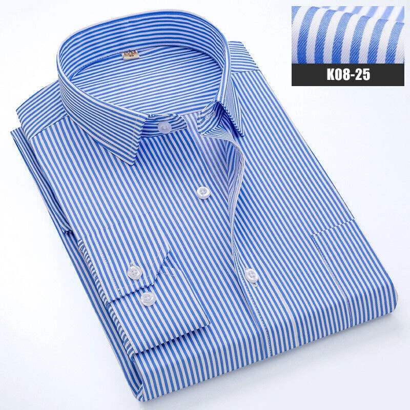 Camicie eleganti uomo nuove maniche lunghe formali business a righe camicie casual top - Immagine 4 di 4