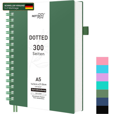 Notizbuch A5 Dotted 300 Seiten Dunkelgrün Softcover 100g/m² für Bullet Journal