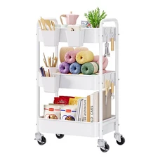 3 Tier Rolling Cart Metal with Wheels, White Three Tiered Craft Cart Organize...