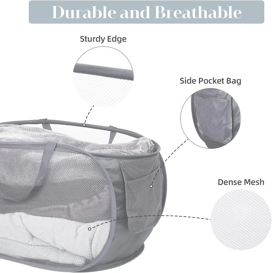 Durable Collapsible Laundry Baskets, Mesh Pop up Laundry Hamper with Side Pocket - Image 4 of 4