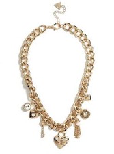 NEW GUESS GOLD TONE,HEART,TASSEL,CLUSTER,KEY CHARM,CRYSTAL,WOVEN CHAIN NECKLACE