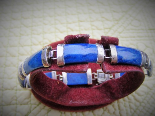 Chinese Sterling Silver Linked Lapis Lazuli Bracelet 7 1/4" long - Picture 2 of 4