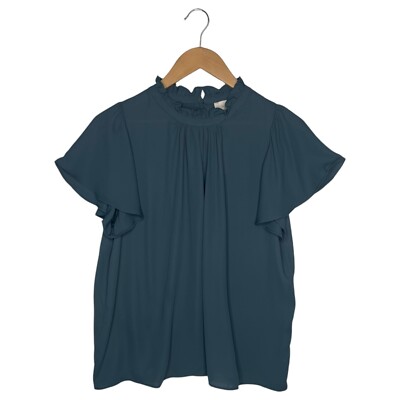 New Loft Top Womens M Sheer High Ruffle Neck Pleated Short Sleeve Blouse Green