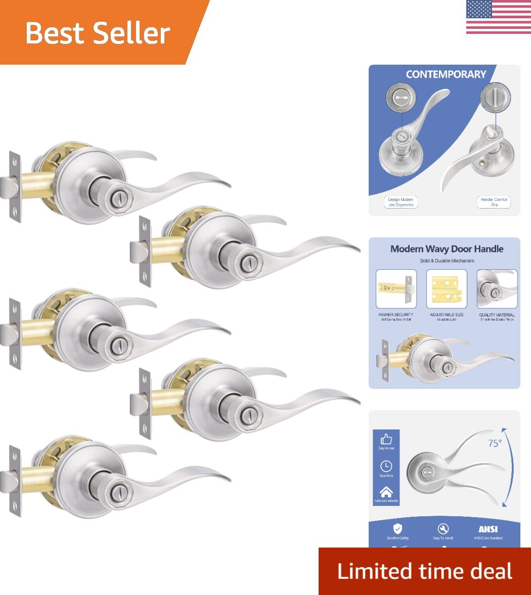 5-Pack Brushed Nickel Keyless Privacy Door Levers with Locks-image