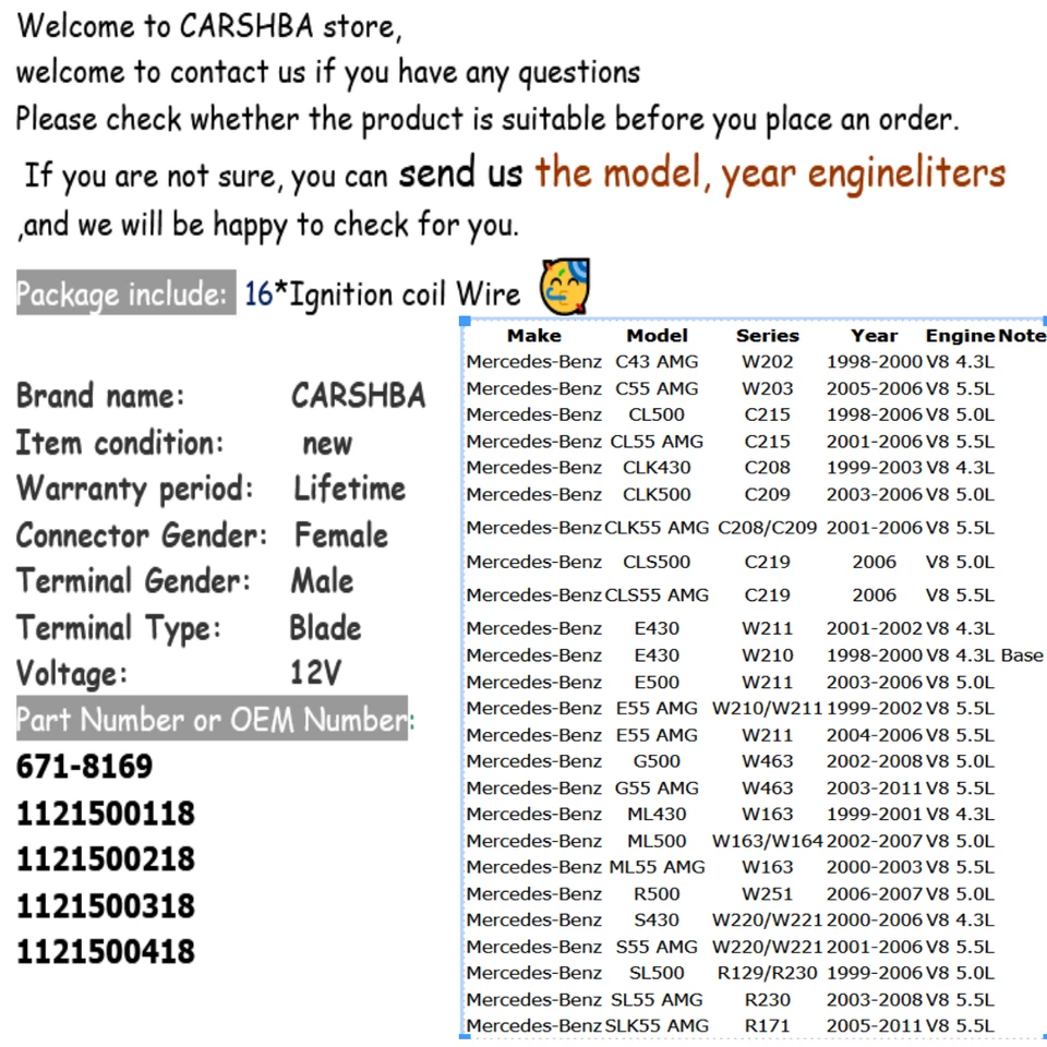 16 Spark Plug Wires for Mercedes-Benz C43 AMG SL55 CLK430 CLS500 E430 ML430 S430 Foto 2 de 4