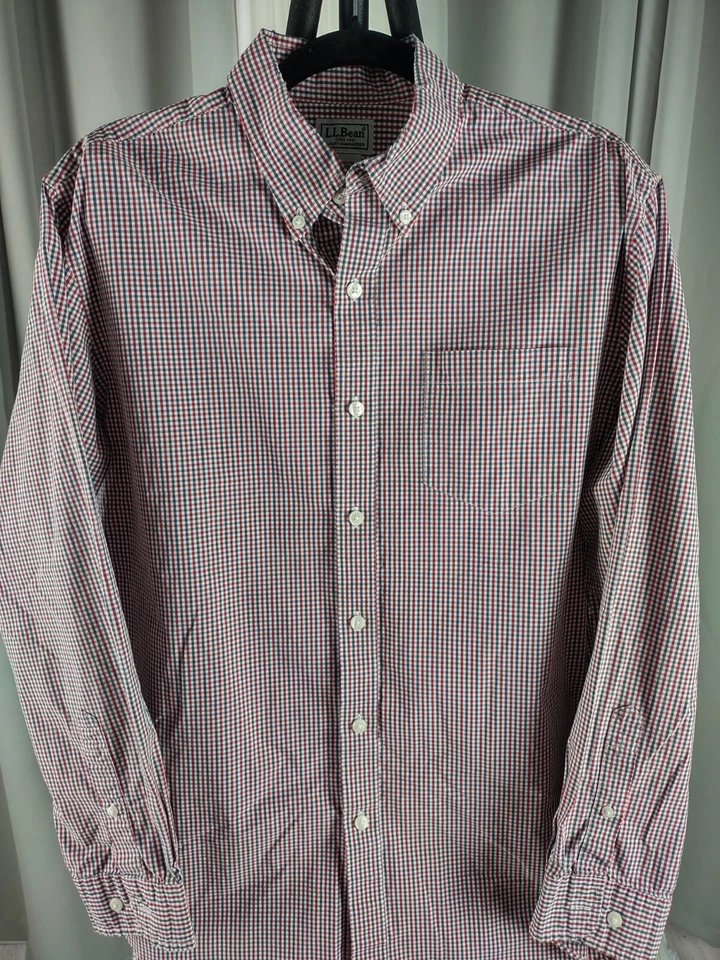 L.L. Camisa de hombre Bean 100 % algodón roja, blanca, azul a cuadros con botones talla M. Foto 2 de 4