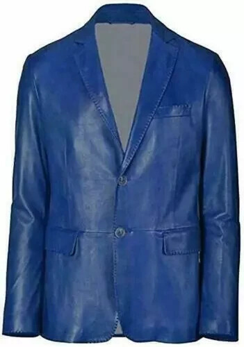 Men's Real Leather Blazer Lambskin TWO BUTTON Coat Soft Blue Jacket