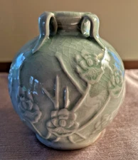 Vintage R.F. Orchids Celadon Glazed Porcelain Embossed Bud Vase 4.25"