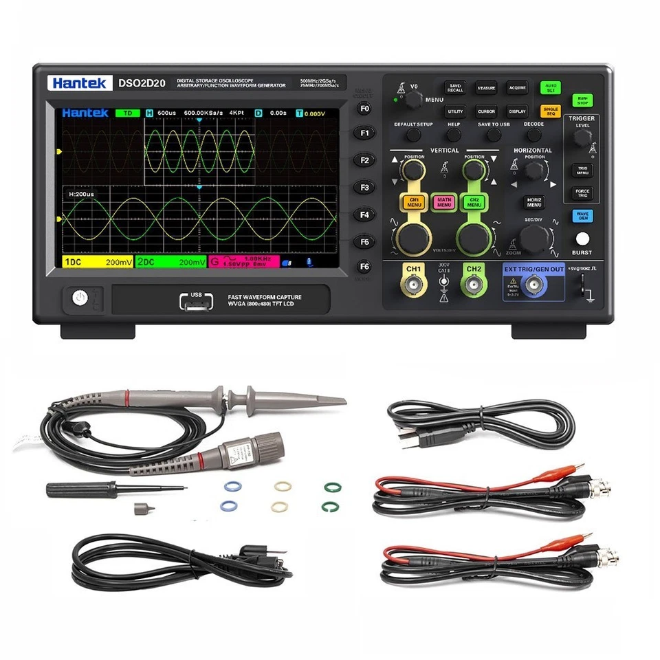 Hantek Digital Storage Oscilloscope 2CH 200Mhz-500Mhz +1CH 25MHZ Signal Source - Image 2 of 4