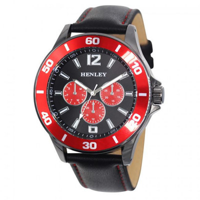 Uhr Herren Poliert Gun Ton Kunstleder Armband Rot Top Ring SportZifferblatt MultiEye