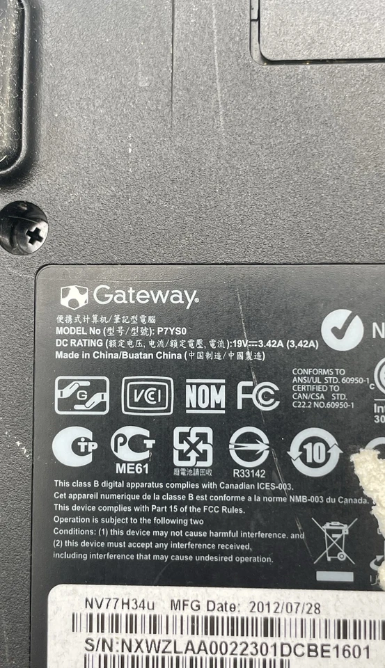 Portátil Gateway P7YS0 17,3" Intel Core i5 Windows 7 certificado de autenticidad sin disco duro Foto 4 de 4