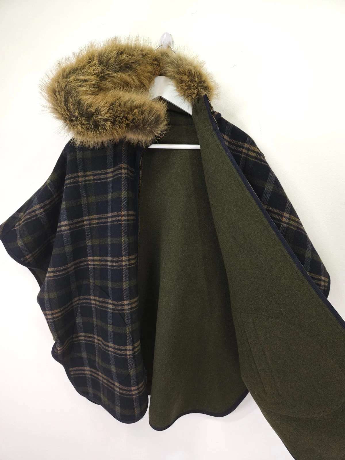 Joules Cape Poncho Small Green Navy Check Tartan Fur Hood Everly Reversible Coat