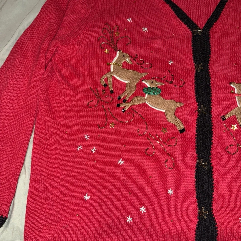 Suéter de Natal renas frente de encaixe com miçangas GG/G? Festa Sparkle Office Vovó - Imagem 2 de 4
