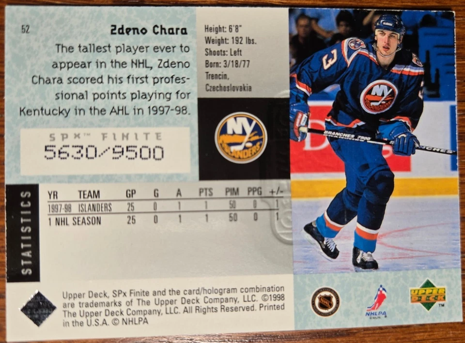 1998-99 Upper Deck SPx Finite Zdeno Chara #52 #d/9500 New York Islanders Mint - Image 2 of 2