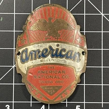 Antique American National Bicycle Head Badge Tag Emblem Toledo Ohio