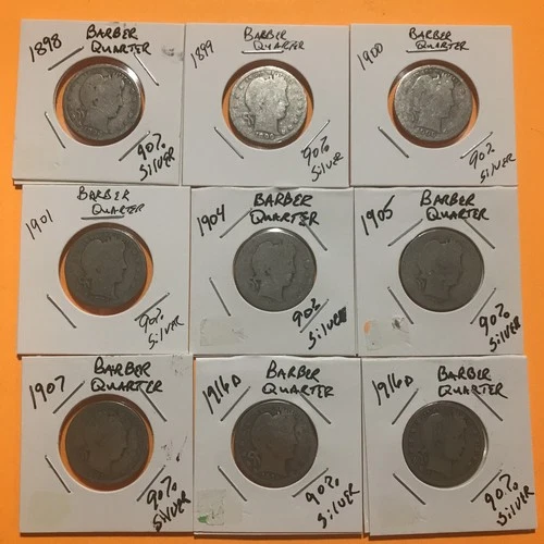 Lot Of 9 Barber Silver Quarters / 90% Silver
