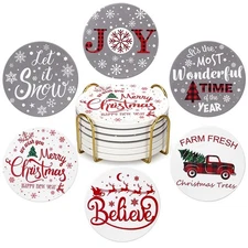 6 Pcs Ceramic Christmas Coasters Absorbent Drink Coasters with Holder Cute Xm...