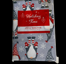 Holiday Time Santa Gnome Peva Vinyl Tablecloth 52in x 70in Red Gray Snow Flakes