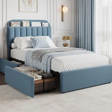 Twin Bed Frame Kid Bed Frame W/ Books Storage Headboard 2 Flexible Drawers Blue