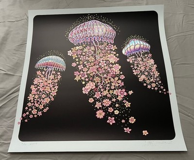   4th Of July SALE    EMEK Jelly Blossoms 24X24 Jellyfish Black Foil Print