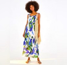 Farm Rio Tropical Floral Blue Wind Maxi Dress Ruffle Smocked Multicolor L
