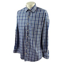 Peter Millar Crown Men's Long Sleeve 100 Cotton Blue Brown Check Shirt Medium