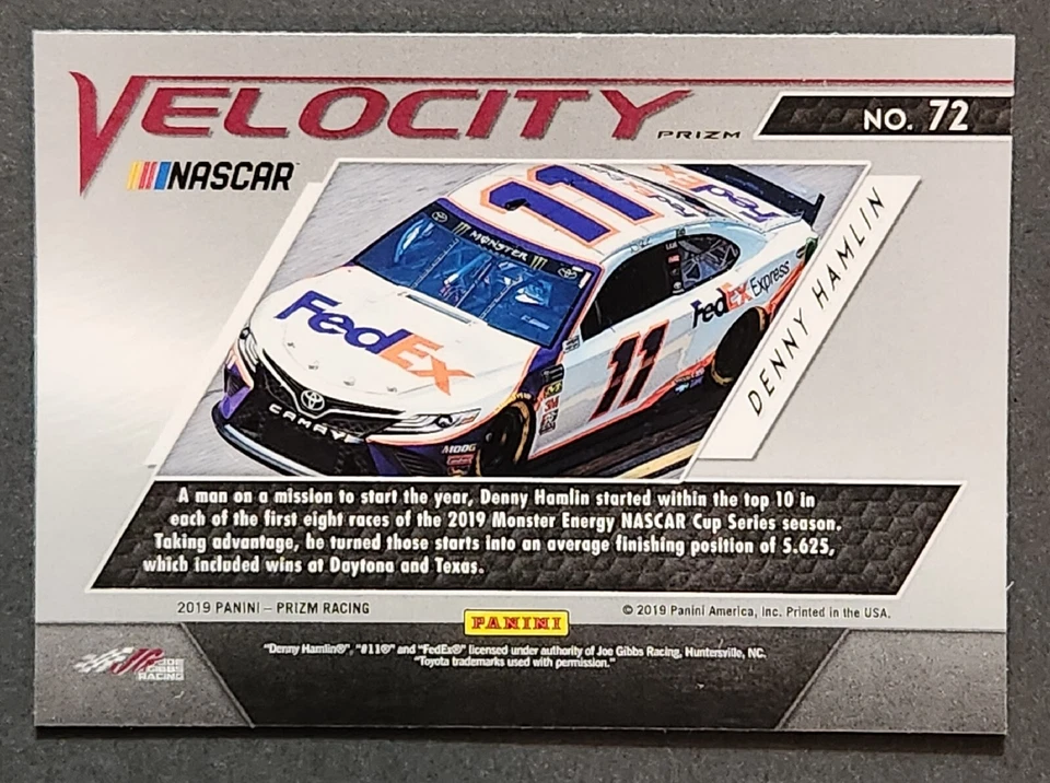 2019 Panini Prizm NASCAR Racing Velocity #72 Denny Hamlin White Sparkle Prizm - Image 2 of 2