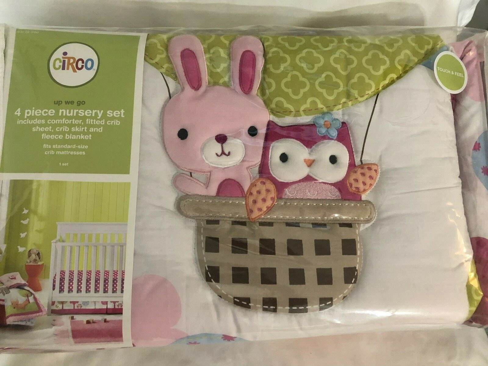 Circo Up We Go Girls Crib Nursery Bedding 4 pc bunny owl hot air balloon pink