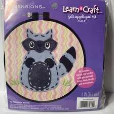 Dimensions Felt Applique Kit Raccoon Thread Felt Hoop Needle Instructions 6"