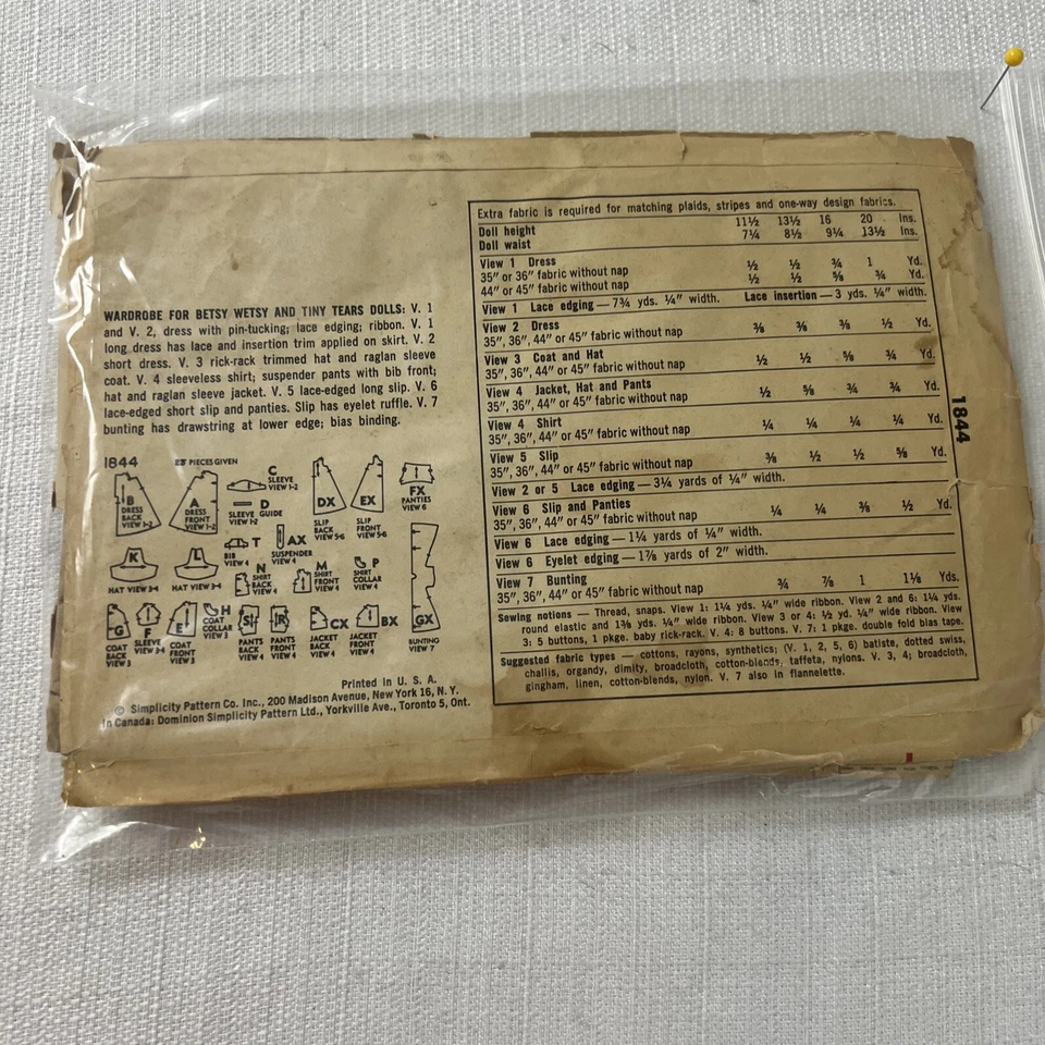 Simplicity Patterns 1844 Doll Wardrobe 13.5” Vintage - Image 3 of 4