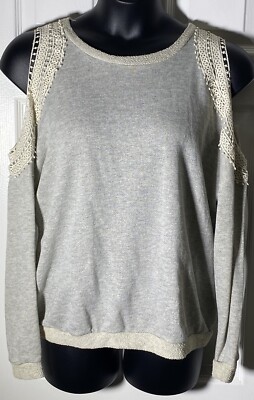 12pm By Mon Ami Gray Fleece Size Large Knit Cold Shoulder Crochet Trim Lounge