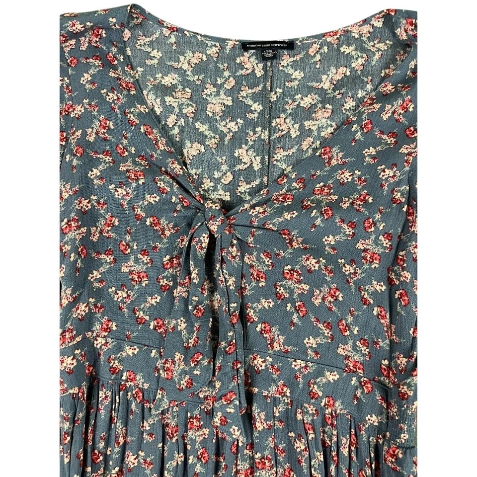 American Eagle Outfitters Gray Floral Boho Dress Large Front Tie 3/4 Sleeve * - Image 4 of 4
