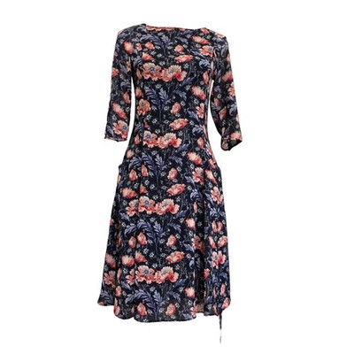 Zara Basic Dress Women s Size XS Floral Fit & Flare Midi Blue V Back Pockets 
