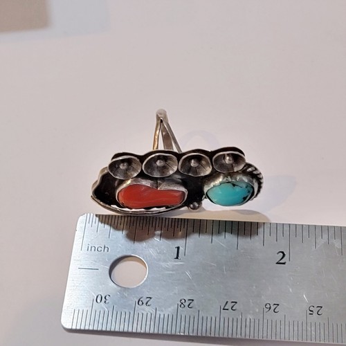 Large Native American Old Pawn Ring Red Coral Turquoise Sterling Silver Size 8.5 - Picture 7 of 8